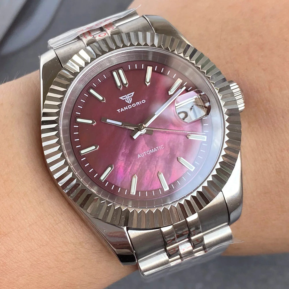 Tandorio 39mm Mother of Pearl Automatic Mechanical Mens Watch Sapphire NH35A Movement Chapter Ring Dial Fluted Bezel Bracelet