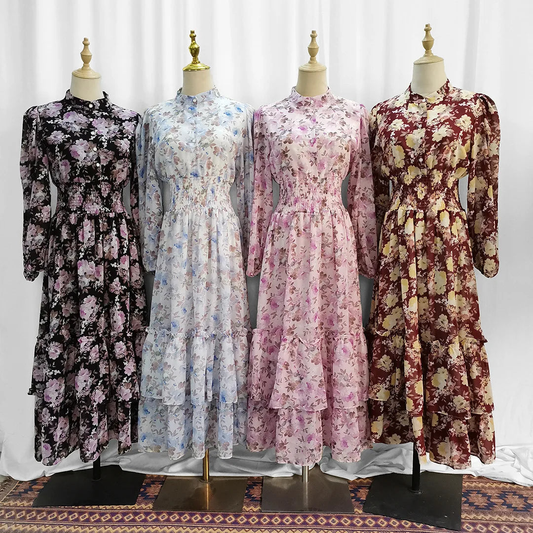 Muslim Ladies Floral Printed Long Sleeves Modest Dress Middle East Women Clothing