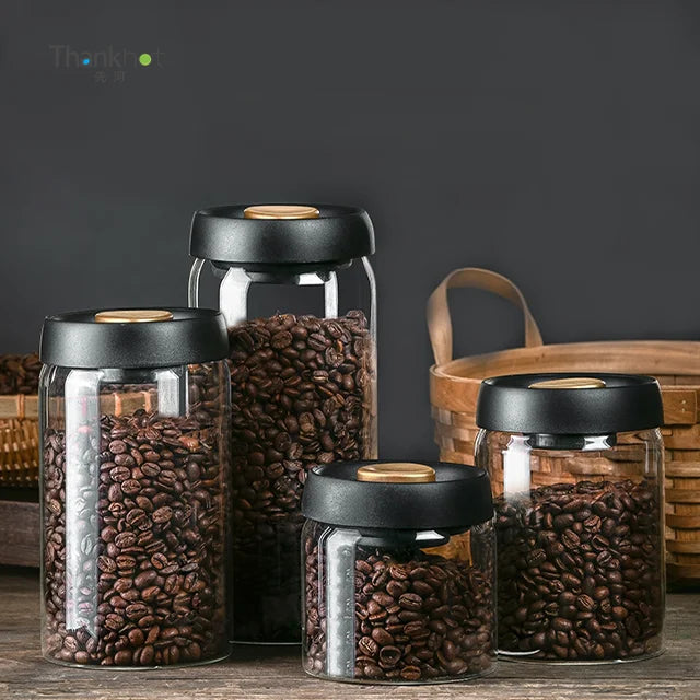 Thankhot Press-Down Vacuum Borosilicate Glass Coffee Canister Food Storage Coffee Bar Coffee Bean Storage Container Airtight Lid