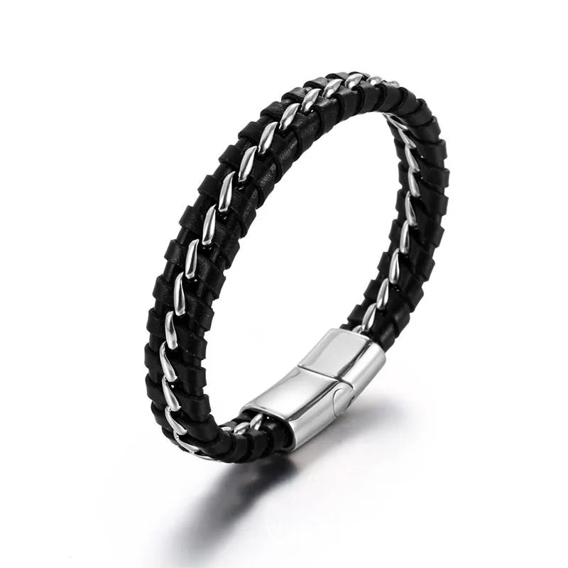Fashion Jewelry Bracelets Bangles Hiphop Stainless Steel Magnetic Clasp Genuine Leather Bracelet for Men