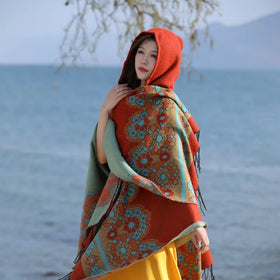 New Ethnic Style Tassel Shawl Women's Hooded Cardigan With Warm Coat Cloak Thickened Scarf Shawl