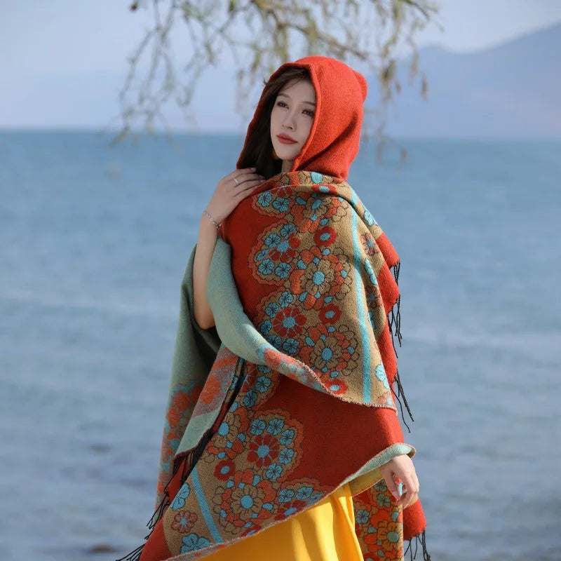 New Ethnic Style Tassel Shawl Women's Hooded Cardigan With Warm Coat Cloak Thickened Scarf Shawl
