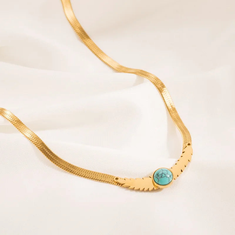 Fashion New Necklace Stainless Steel 18K Gold Round Turquoise Titanium Steel Flat Snake Chain