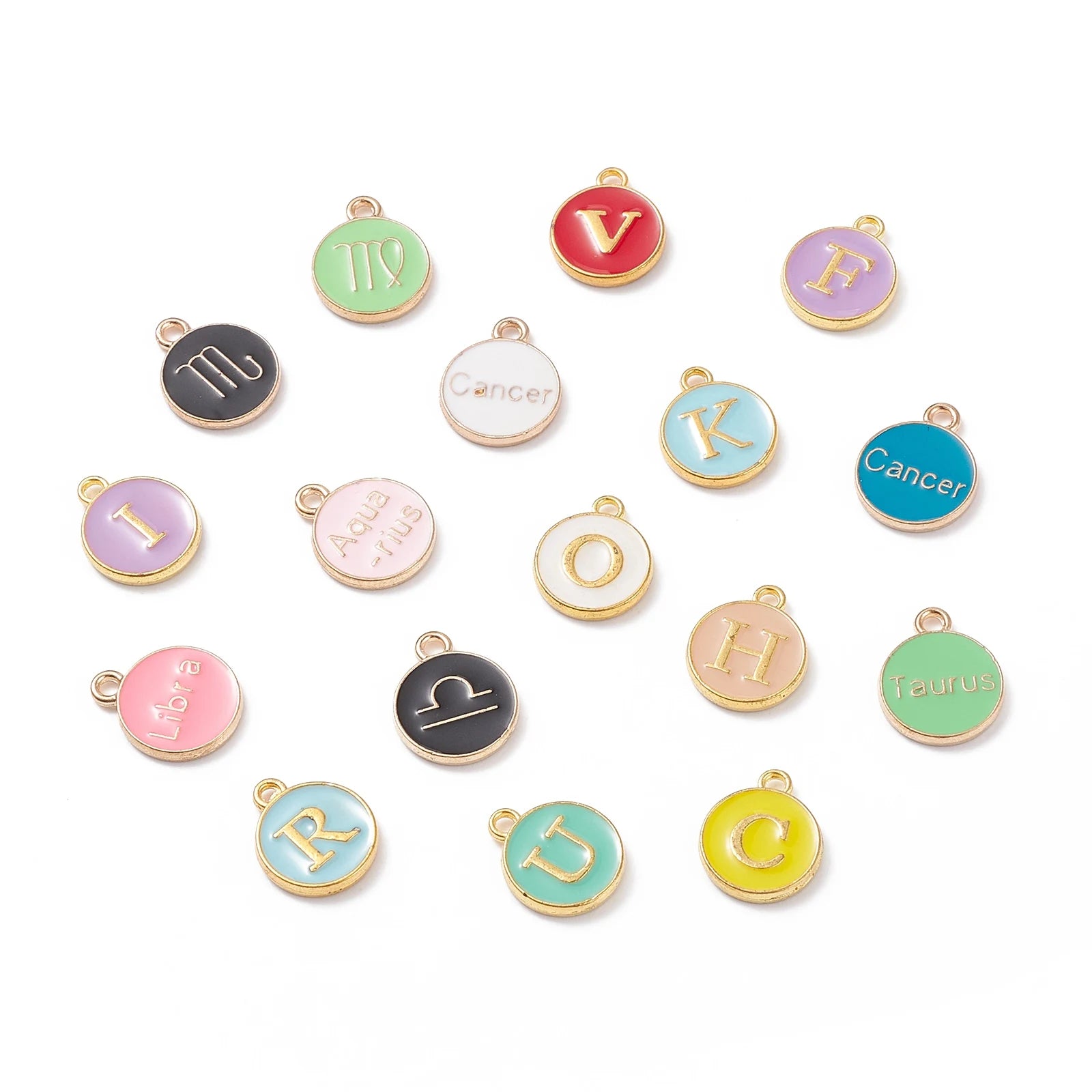100 Pcs Gold Plated Alloy Enamel Charms Mixed Color Children's Flat Round with Star Sign and Letter