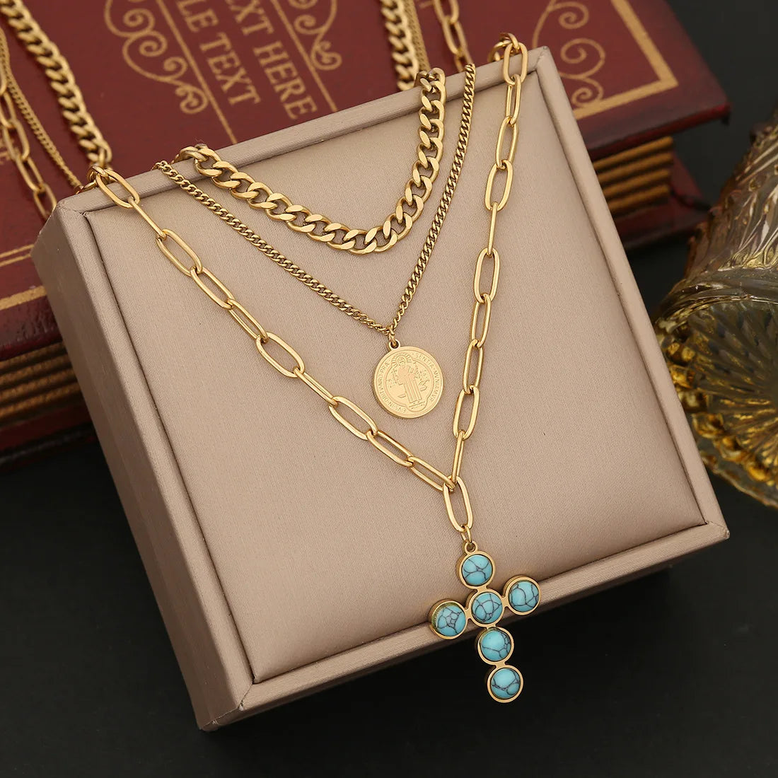 New Tarnish Free 18k Gold Plated Turquoise Necklace Earrings Set Jewelry 316L Stainless Steel 2 Pcs Jewelry Set for Women Girl
