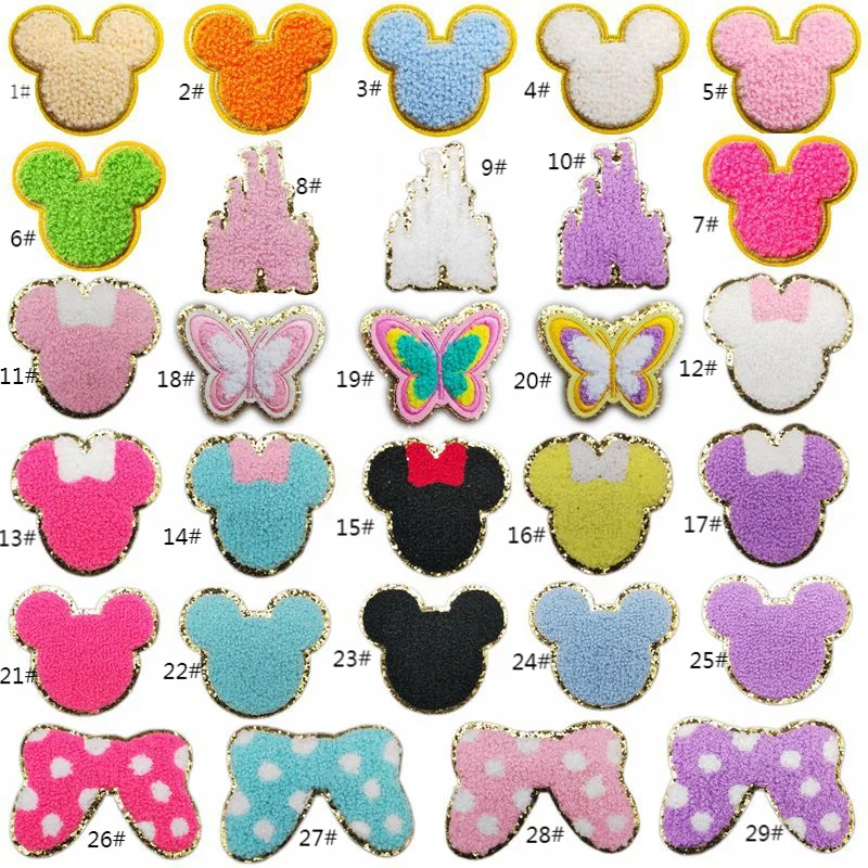 Factory Cheap Fast Delivery Iron on /self Adhesive Chenille Mouse Ear Butterfly Patch for Clothing Hat Bag Decoration
