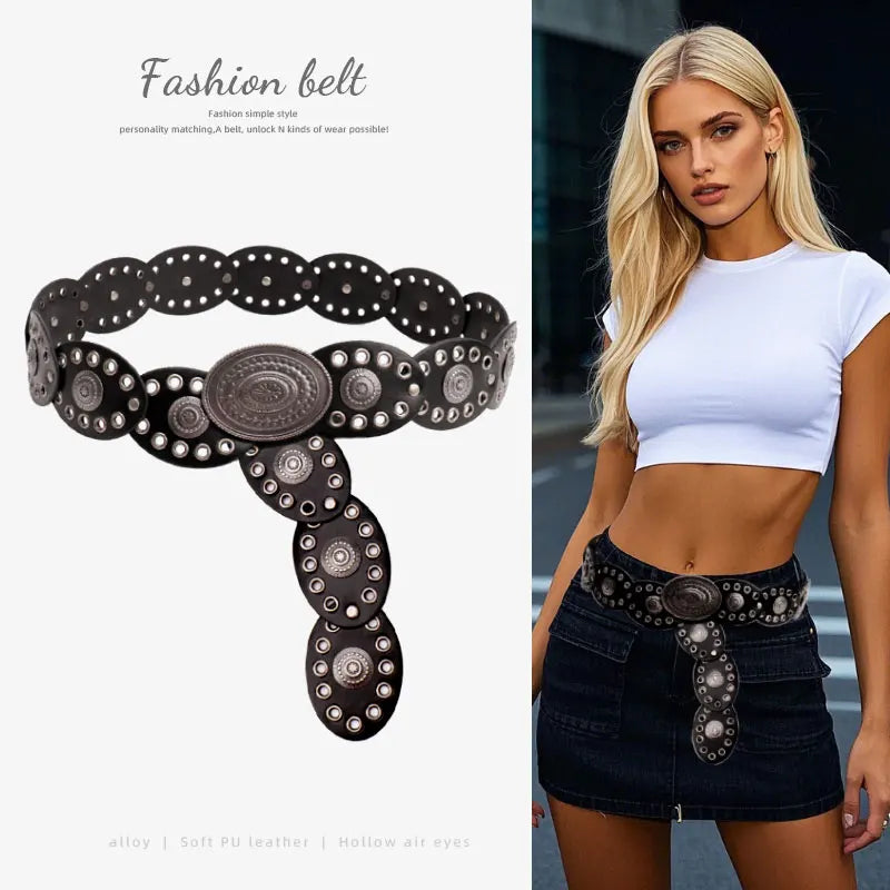 Punk Large Circular Pattern Alloy Buckle Belt for Women Retro Oval Splicing Belts Factory Direct Sales Belt for Ladies
