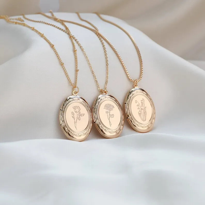Fashion 18K Gold Plated Stainless Steel Waterproof Birthflower Jewelry 12 Month Birth Flower Pendant Necklace