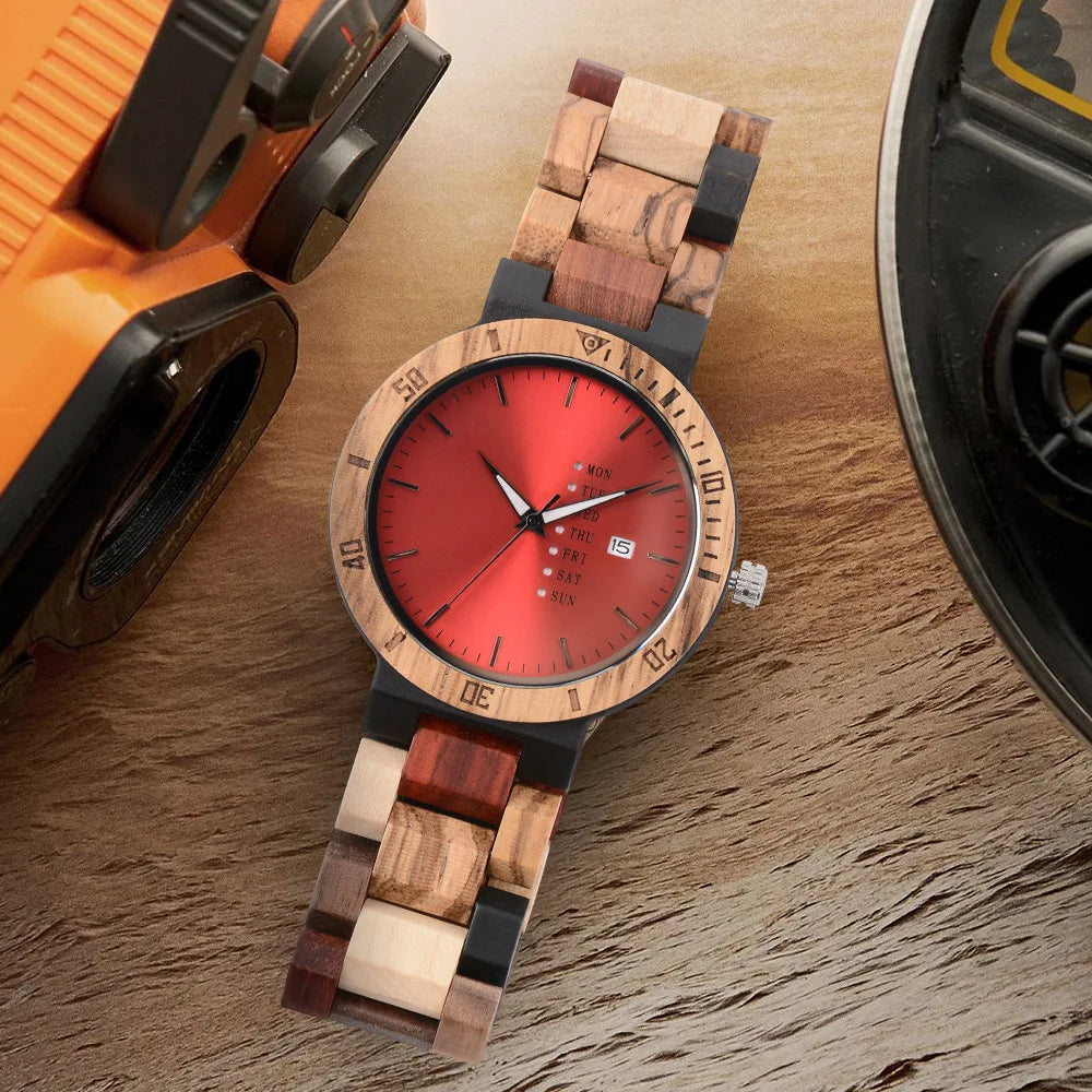 Top Wood Watch Men Women Luminous Display Week Date Colorful Wooden Band Quartz Wristwatch Custom Logo Personalized Watch