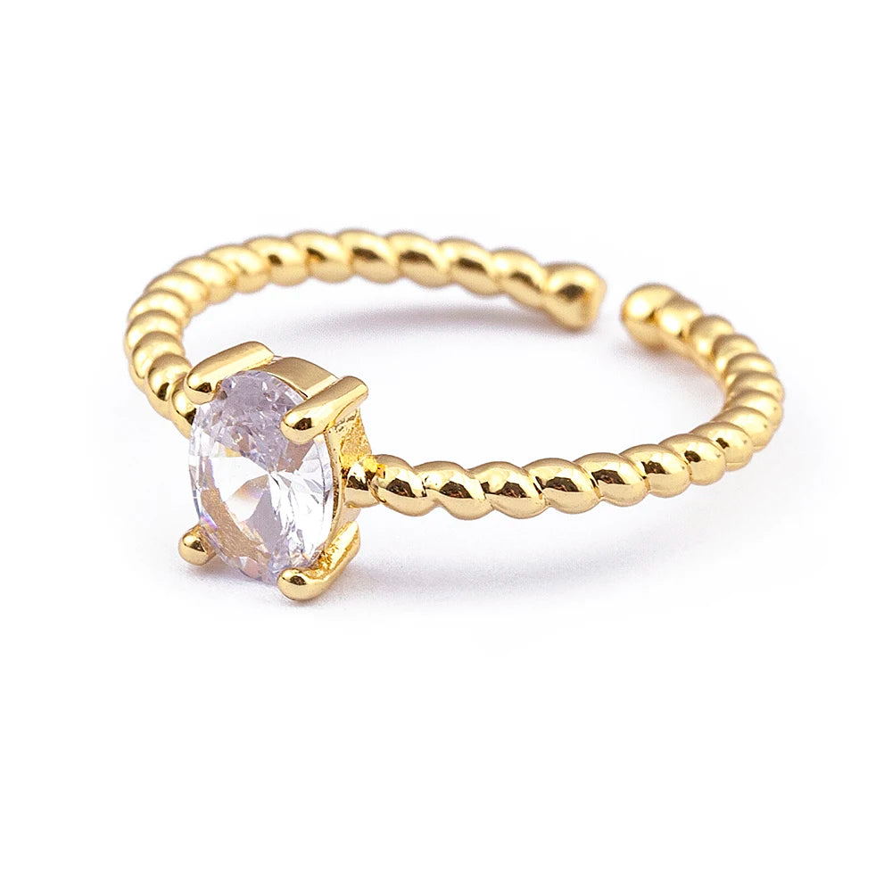 QIKU Fashion Oval Shape Rhinestone Pave Adjustable Ring Copper Zircon Gold Color Hemp Flowers Geometric Opening Popular Jewelry