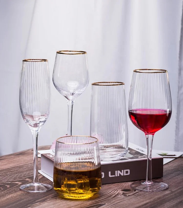 Gift Lead Free Crystal Wedding Tableware Custom Handmade Champagne Goblet Vertical Strip Gold Rim Champagne Glass