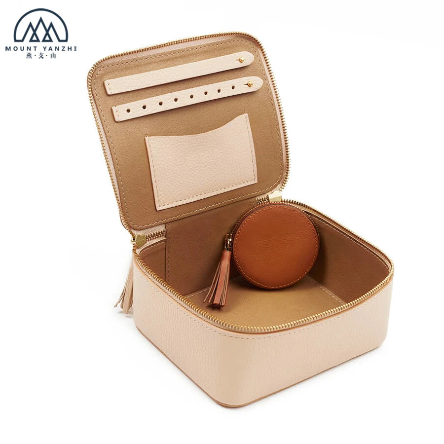 Luxury Portable Durable Genuine Leather Jewelry Travel Case Zipper Closure Customizable Storage Box for Rings Earrings Necklace