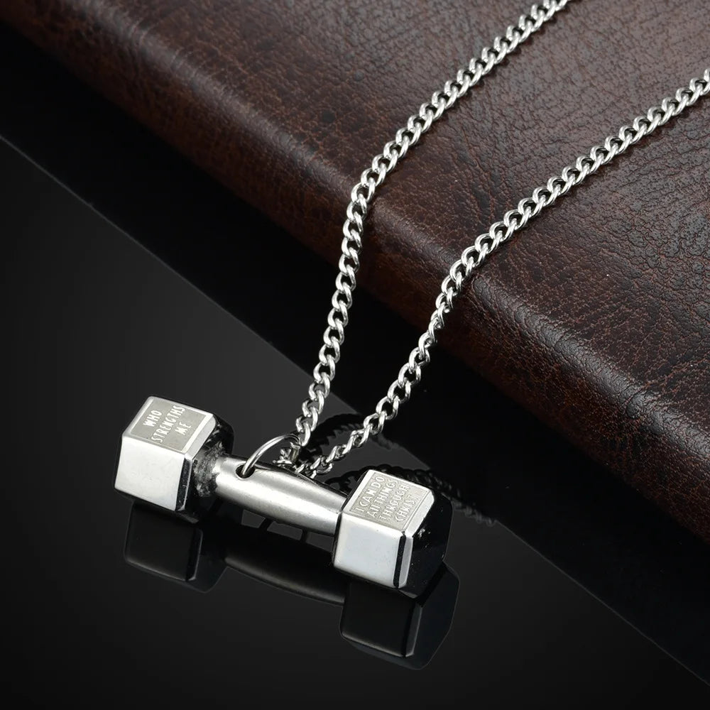 Men's Stainless Steel Dumbbell Charm Necklace with Gold Plating Sport Fitness Letter Engraved Pendant Christian Religious Symbol
