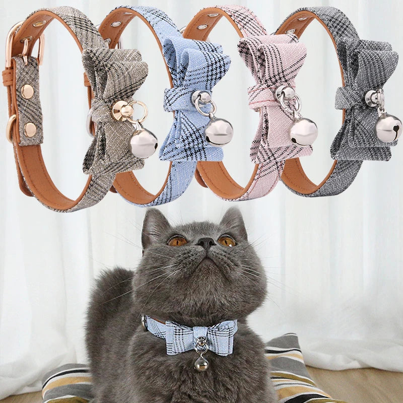 Cute Pet Dog Polyester Personalized Solid Leash Buckle Bowknot Cat Collar with Bell