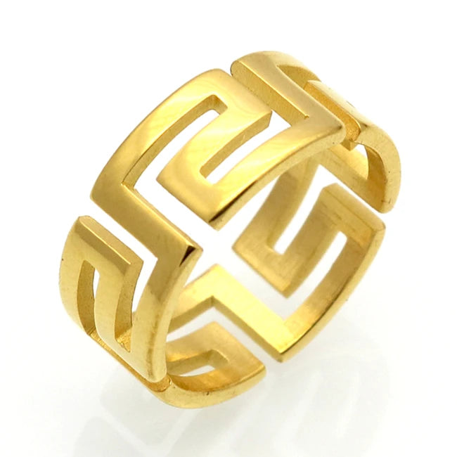 Korean Version Stainless Steel Jewelry Personality Geometric Hollow Rings the Great Wall Pattern Ring for Women Men