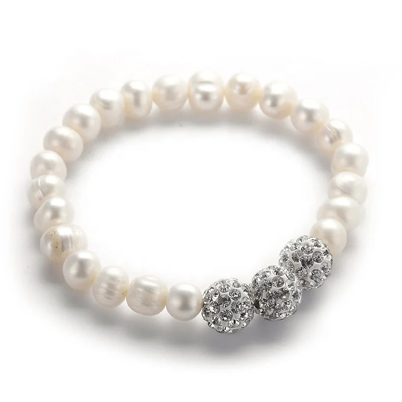 Women Luxury Stretch Crystal Roundle Rhinestone Pave Ball Elastic Bracelet 10mm Natural Irregular Freshwater Pearl Bracelet