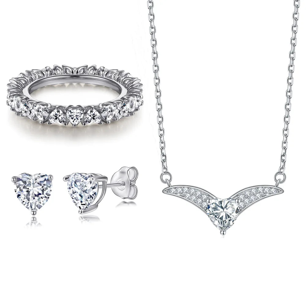 Fashion Silver Jewelry Set Rhodium Plated Heart Cut White Zirconia Ring Necklace Earrings Women Jewelry Sets for Party