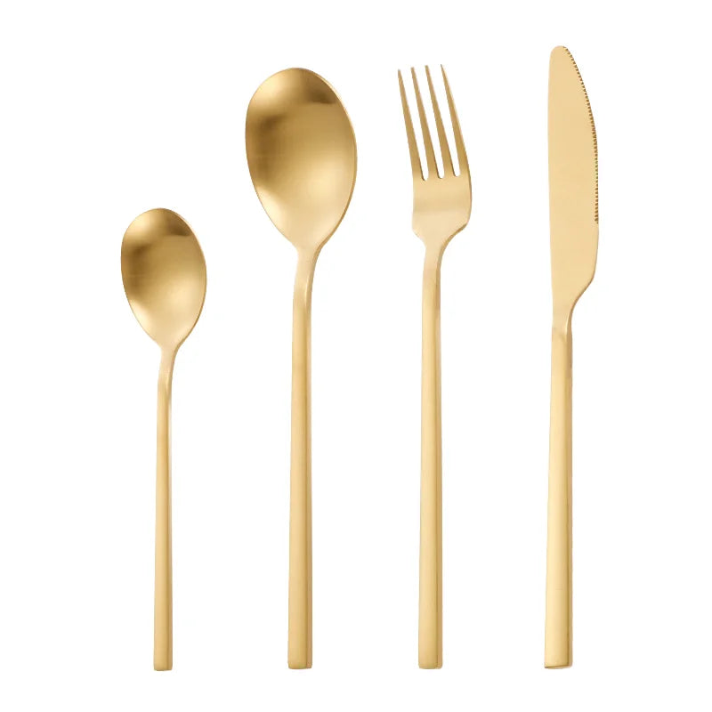 Korean Style Sustainable 4-Piece Modern Stainless Steel Matte Tableware Set Long Handle Dinnerware Flatware-Gold for Weddings