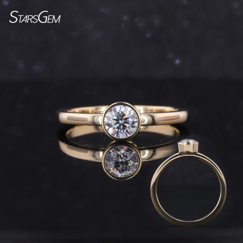 Starsgem Bezel Setting 14K Solid Gold Round Shape Solitaire Lab Grown Diamond Engagement Ring
