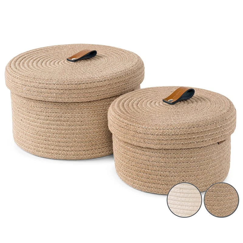 2024 New Design 2 of Set Hot Sale Jute Rope Bins with Lid Small Table Cotton Rope Sundries Storage Basket with Cover