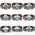 Wholesale Stainless Steel Buckle Bracelet Retro Ethnic Style Healing Crystal Blue Gemstone Leather Turquoise Cat's Eye Bracelet