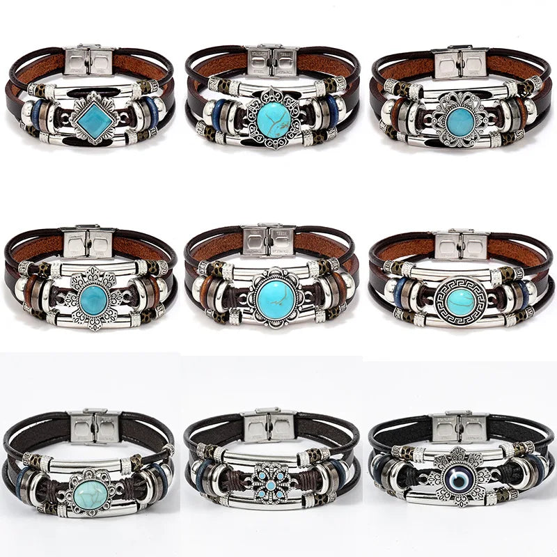 Wholesale Stainless Steel Buckle Bracelet Retro Ethnic Style Healing Crystal Blue Gemstone Leather Turquoise Cat's Eye Bracelet