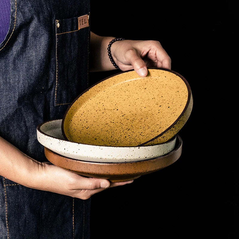 Vintage Retro Ceramic Tableware Deep Dish Plate Salad Bowl Unique Appetizer Clay Design for Hotel Restaurant Party Occasions