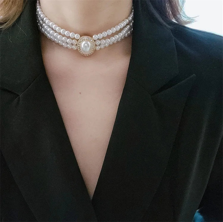 Wholesale Elegant Retro Choker Pearl Initial Custom Statement Women Diamond Multi Layer Pearl Necklace