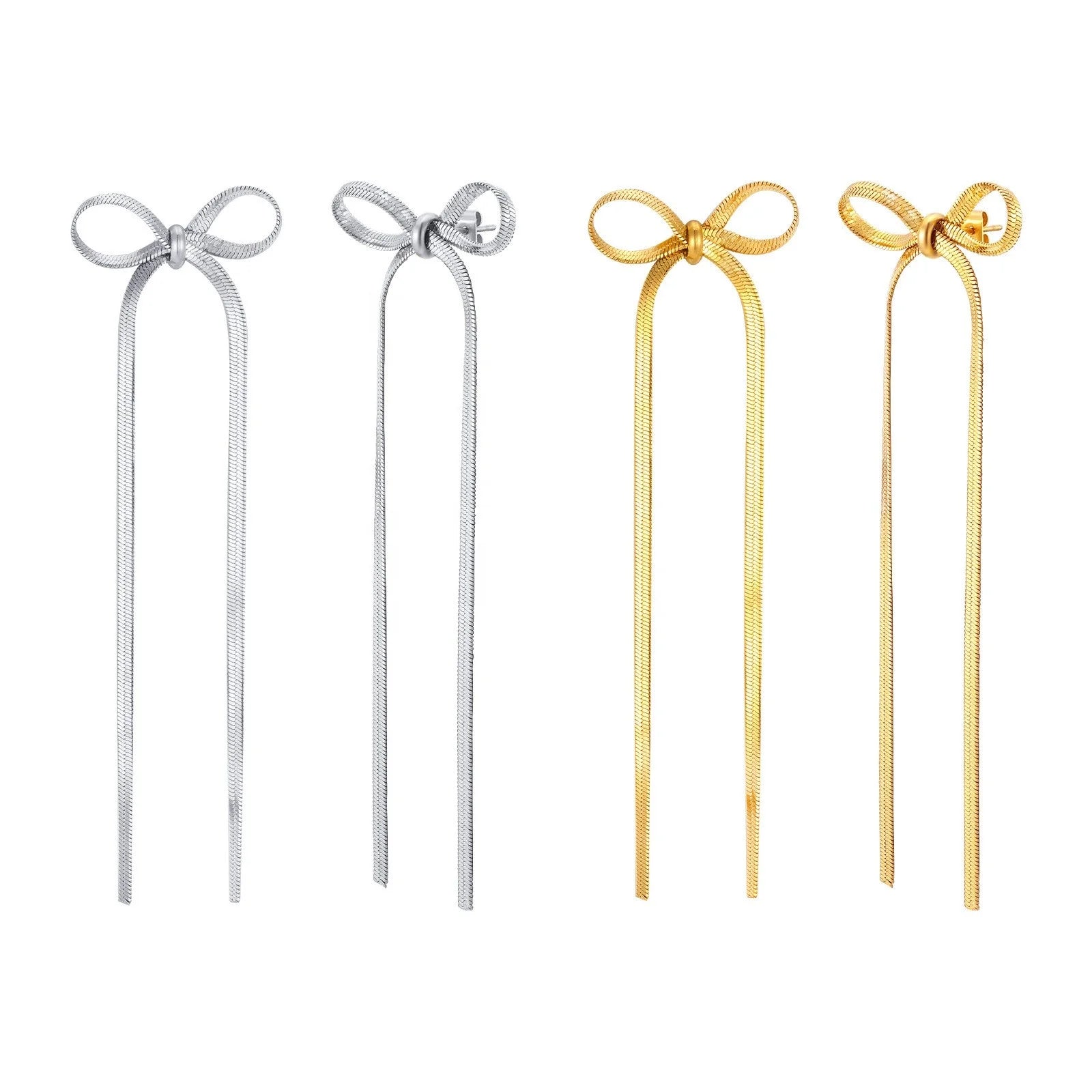 Light Luxury Waterproof 18K Gold-plated Stainless Steel Earrings Snake Chain Long Bow Earrings Women's Exquisite Fashion Jewelry