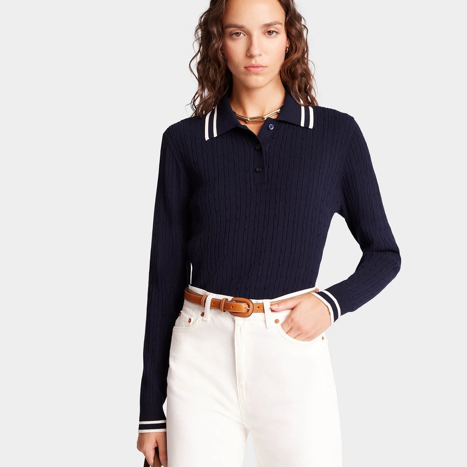 Custom Design  Logo Knitted Pullover Top Knitwear Long Sleeve Fashion Casual Golf Cableknit Polo Neck Women Sweater