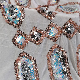 Customized Knitted Tulle Lace Embroidered Multicolor Geometric Jacquard Heavyweight Sequins Fabric for Girls' Wedding Shoes
