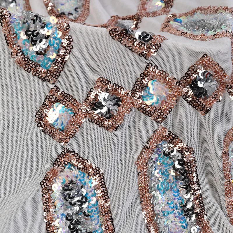 Customized Knitted Tulle Lace Embroidered Multicolor Geometric Jacquard Heavyweight Sequins Fabric for Girls' Wedding Shoes
