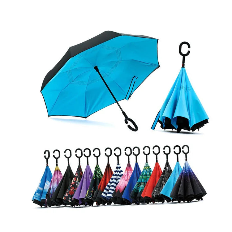 Wholesale Automatic Open Reverse Double Layer Umbrella with C-Shaped Handle Upside Down Design