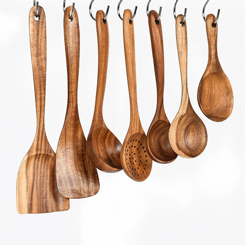 Natural Teak Wooden Spoons Cooking Utensil Set Non-Scratch Wooden Kitchen Tools for Daily Use