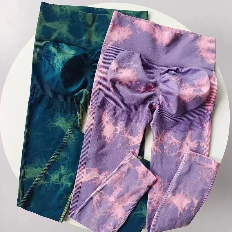 New Women High Waist Double Push up Tummy Control Yoga Pant Fitness Seamless Marble Scrunch Butt Tie Dye Yoga Leggings