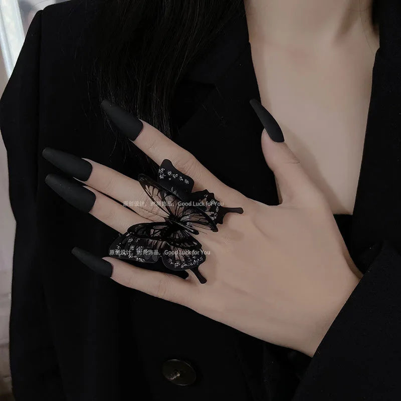 Female Personality Exaggerate Adjustable Gothic Cosplay Three-Dimensional Rings Women Girl Jewelry Punk Black Butterfly Ring