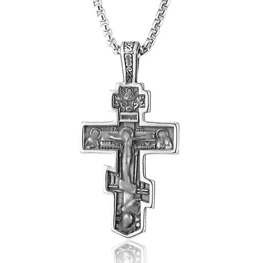 Classic Catholic Cross Statue Crucifix Pendant Necklace Imitation Pearl Gold Plated Snake Chain Stainless Steel Jewelry for Men