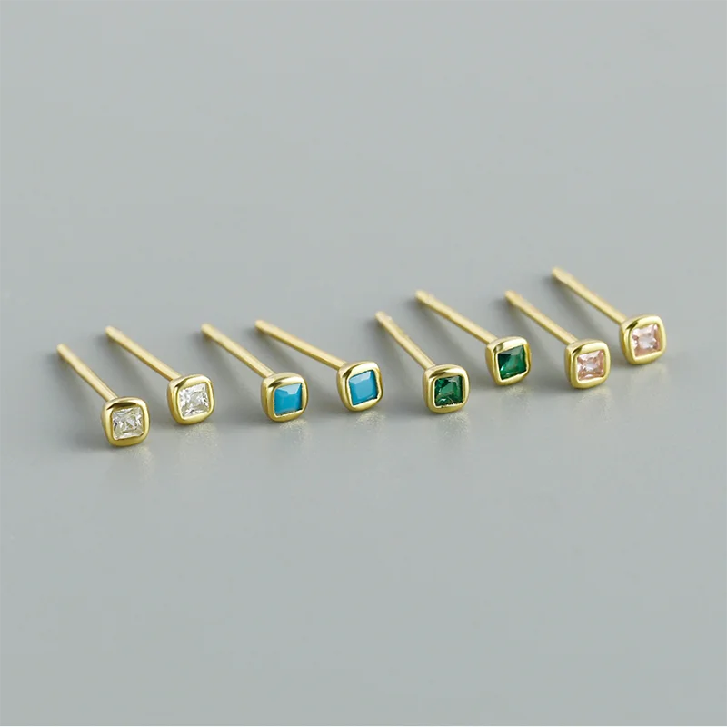 Simple Square Rainbow Zircon Small Earrings 925 Sterling Silver Gold Plated Fine Jewelry Versatile Piercing Stud Earrings