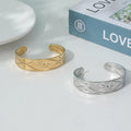New Arrival Engraved Flower Charm Women Fashion 18k Gold Non Tarnish Open Cuff Stainless Steel Bracelet for Men