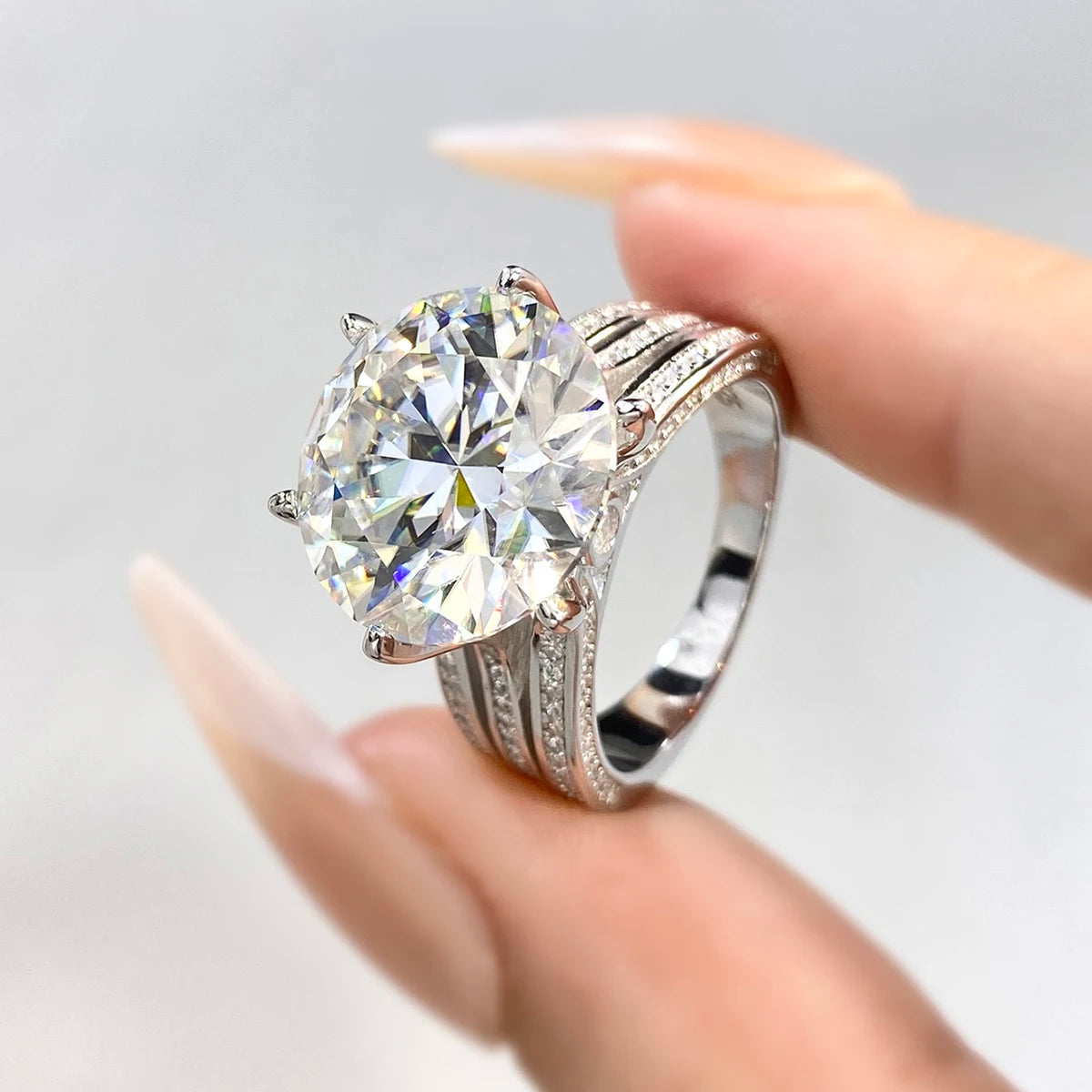 Solitaire GRA 10CT 14mm Cut Diamond Moissanite Ring 18k Gold Plated 925 Sterling Silver Wedding Fine Jewelry for Women