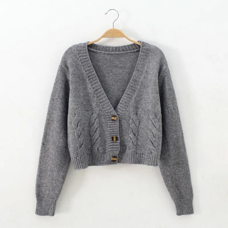 Spring Autumn Fashion Short Knitted Sweater High Waist V-neck Twist Cardigan Cable Striped Knitted Sweater Cardigan for Women