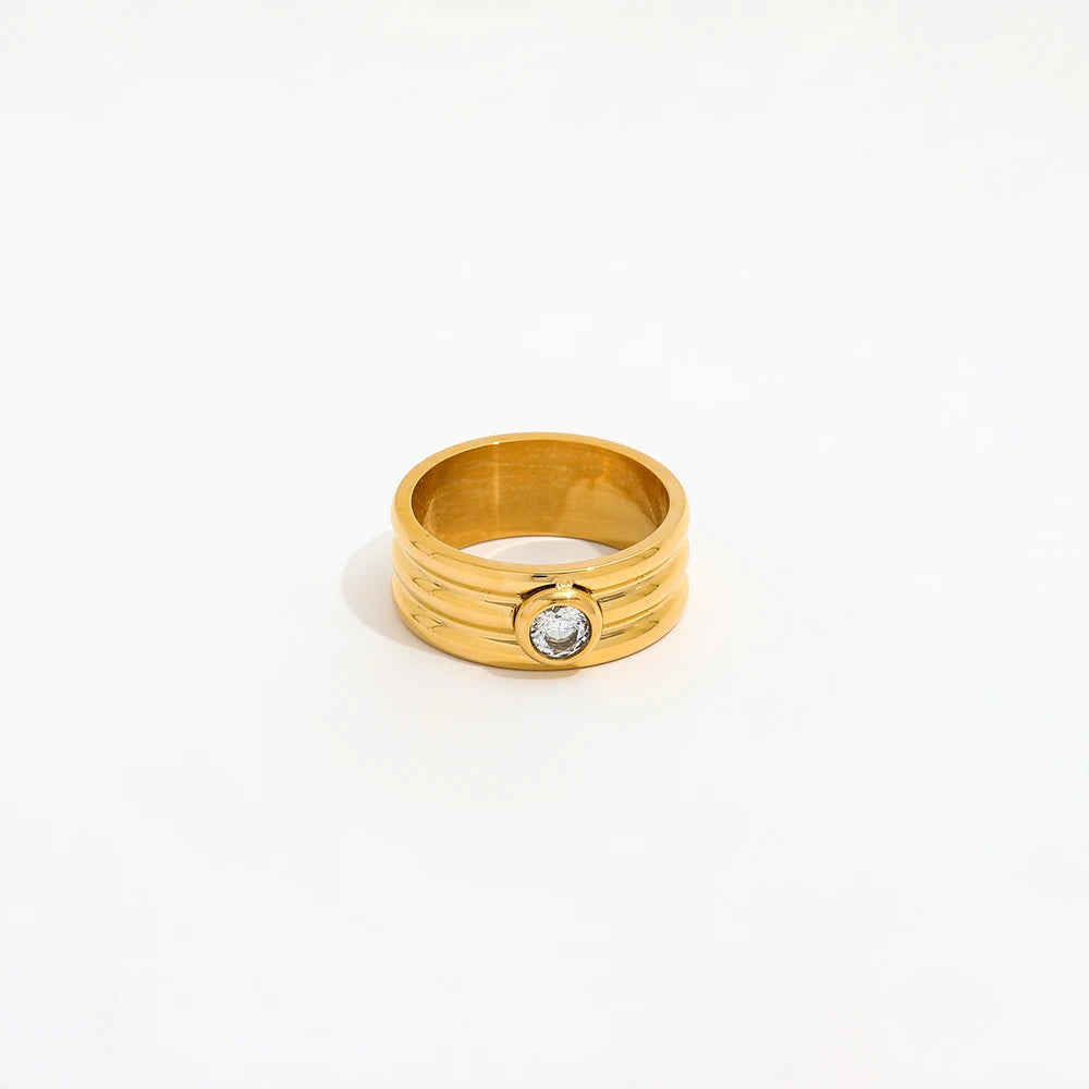 High End 18K Gold Plated Multi-layer Statement Band Round Zirconia Rings Stainless Steel Trendy Simple Gold Plated Jewelry
