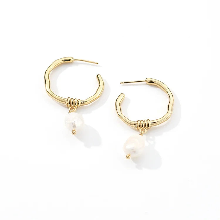 Fine 18k Gold Plated Earrings Freshwater Pearl Stud Earring  Stainless Steel c Shape Earrings Women