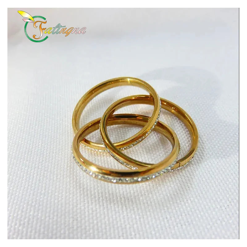 Fatingna Fashion 18K Gold Color Anti-anxiety Ring Stainless Steel Jewelry Three Circle Crystal Rings for Women