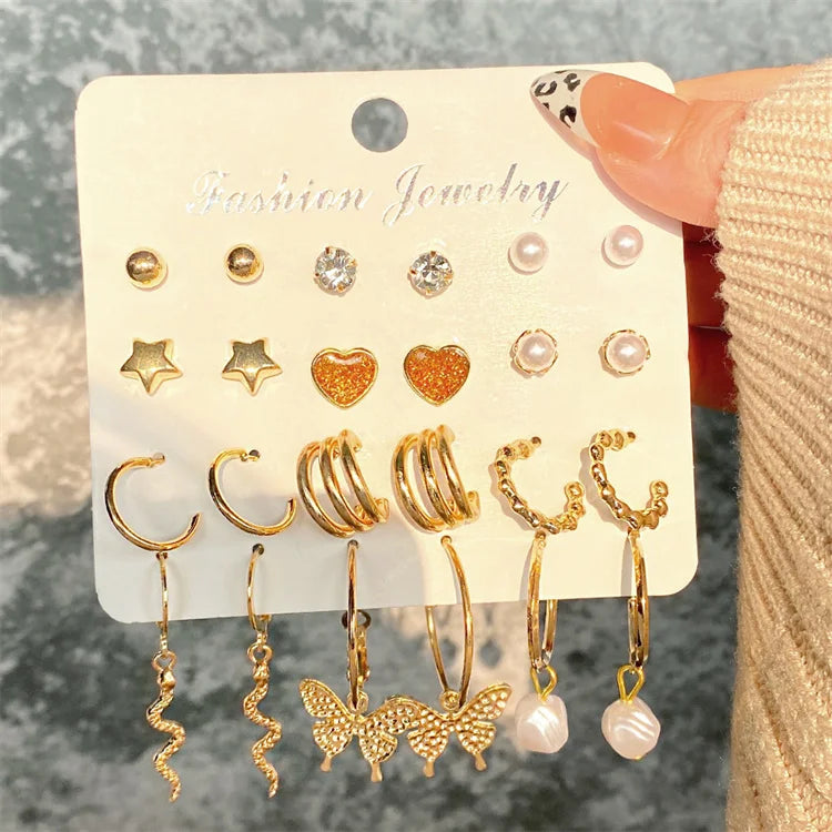 VKME Women's Trendy Gold Plated Butterfly & Heart Dangle Stud Earrings Set New Arrival Acrylic Pearl Drop Earjewelry Wholesale
