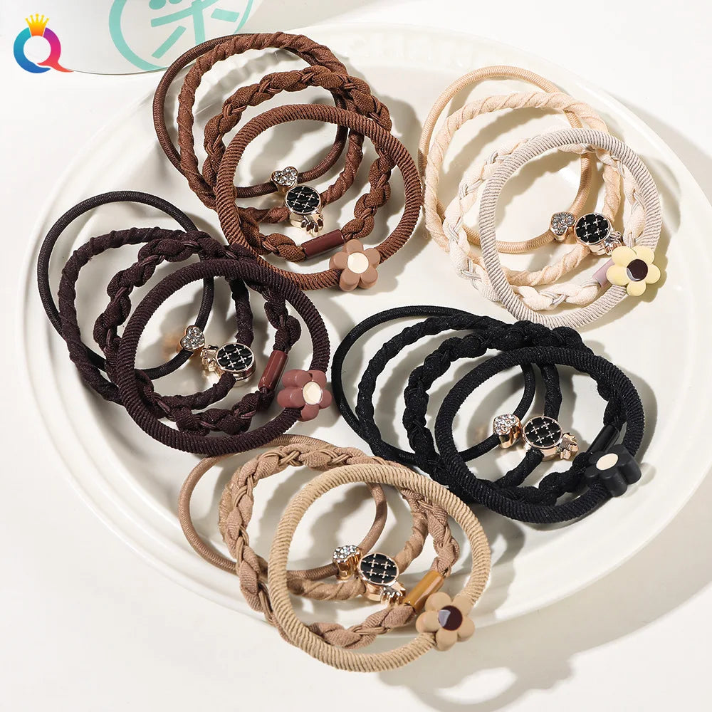 4-Piece Elastic Hair Tie Band with Love Heart Flower Pineapple Rhinestone Decoration for Women