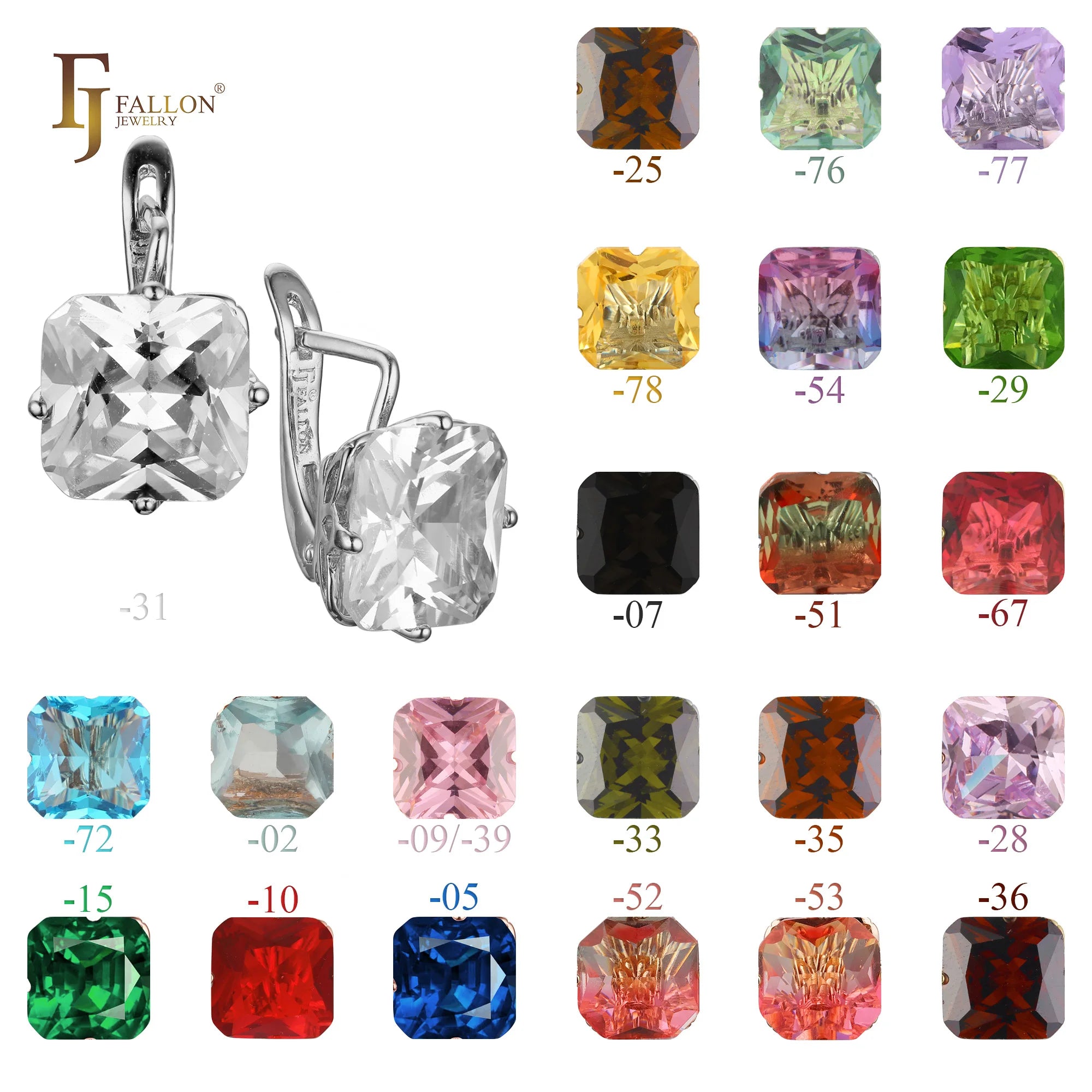 FJ Fallon Jewelry Big Emerald Cut Light Red Glass Cubic Zirconia Solitaire Clip-On Earrings Plated in White Gold
