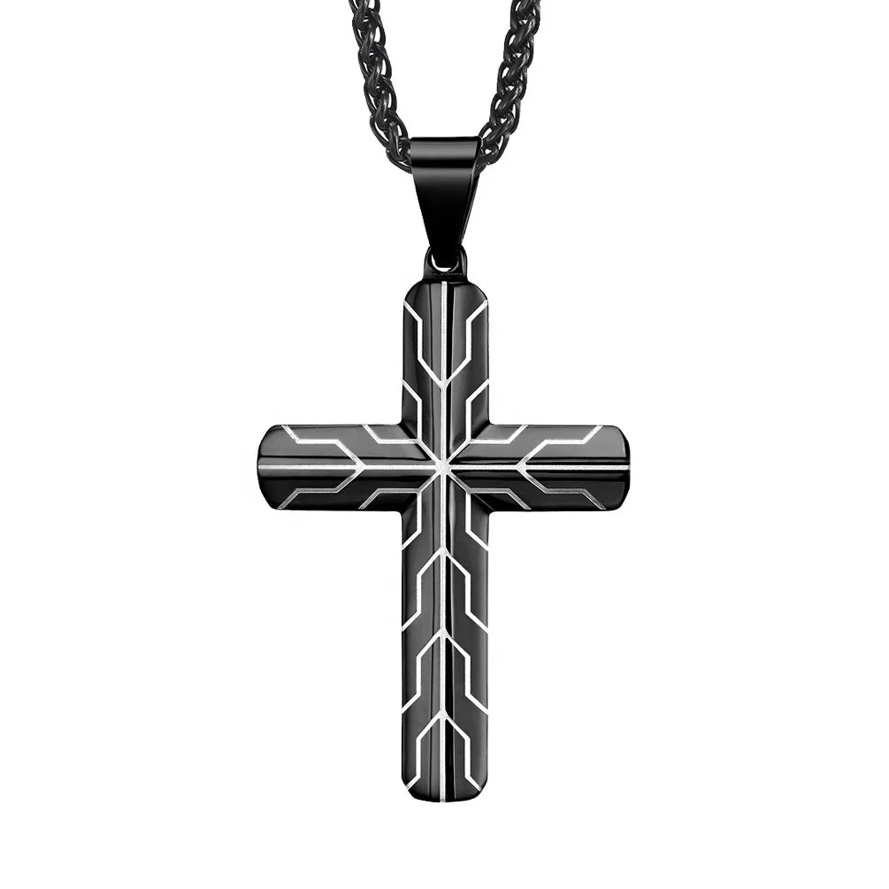 Vintage Style Blue and Black Plating Tire Tread Pattern Engraveable Stainless Steel Orthodox Cross Necklace