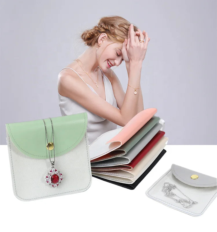 Fashion PU Transparent Snap Button Microfiber Necklace Ring Earrings Jewelry Storage Velvet Jewelry Bag