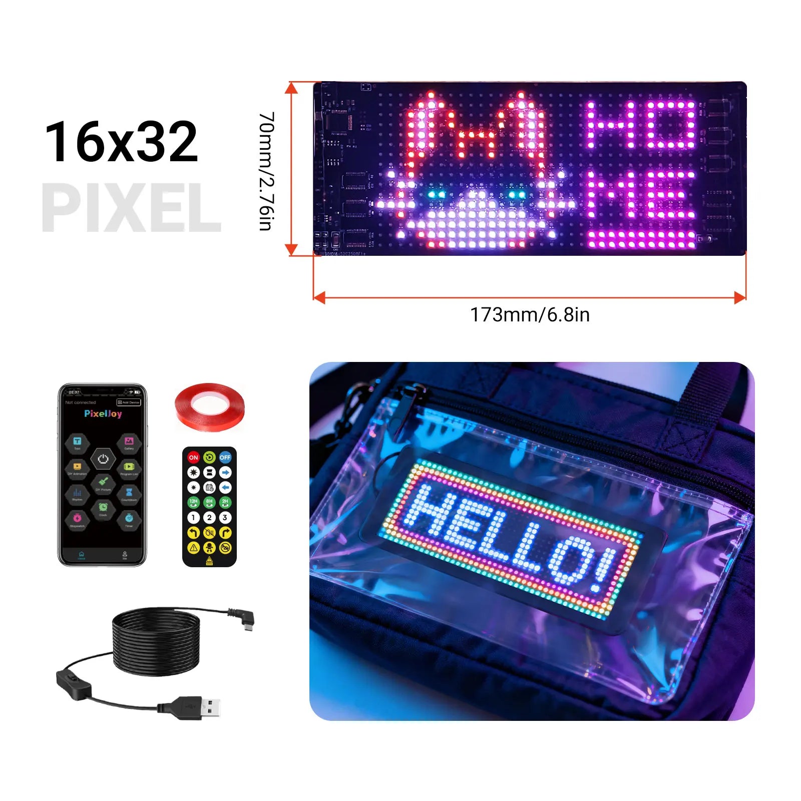 17.3X7cm Mini LED Pixel Screen | Change Words with One Tap Via APP Perfect for Backpacks Cars and Street Vending!